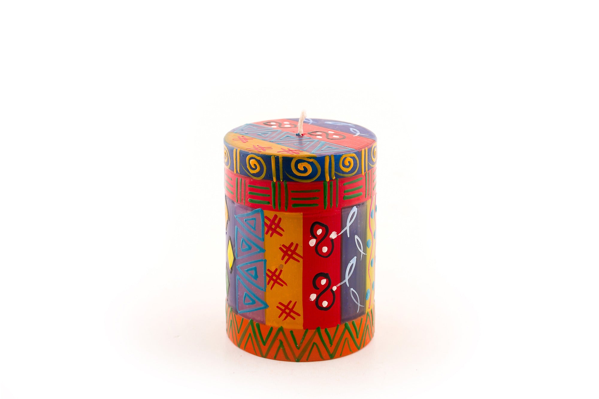 Multicolor 3x4 pillar candle. Bright, colorful, sunshine and fun designs that sing out Africa!