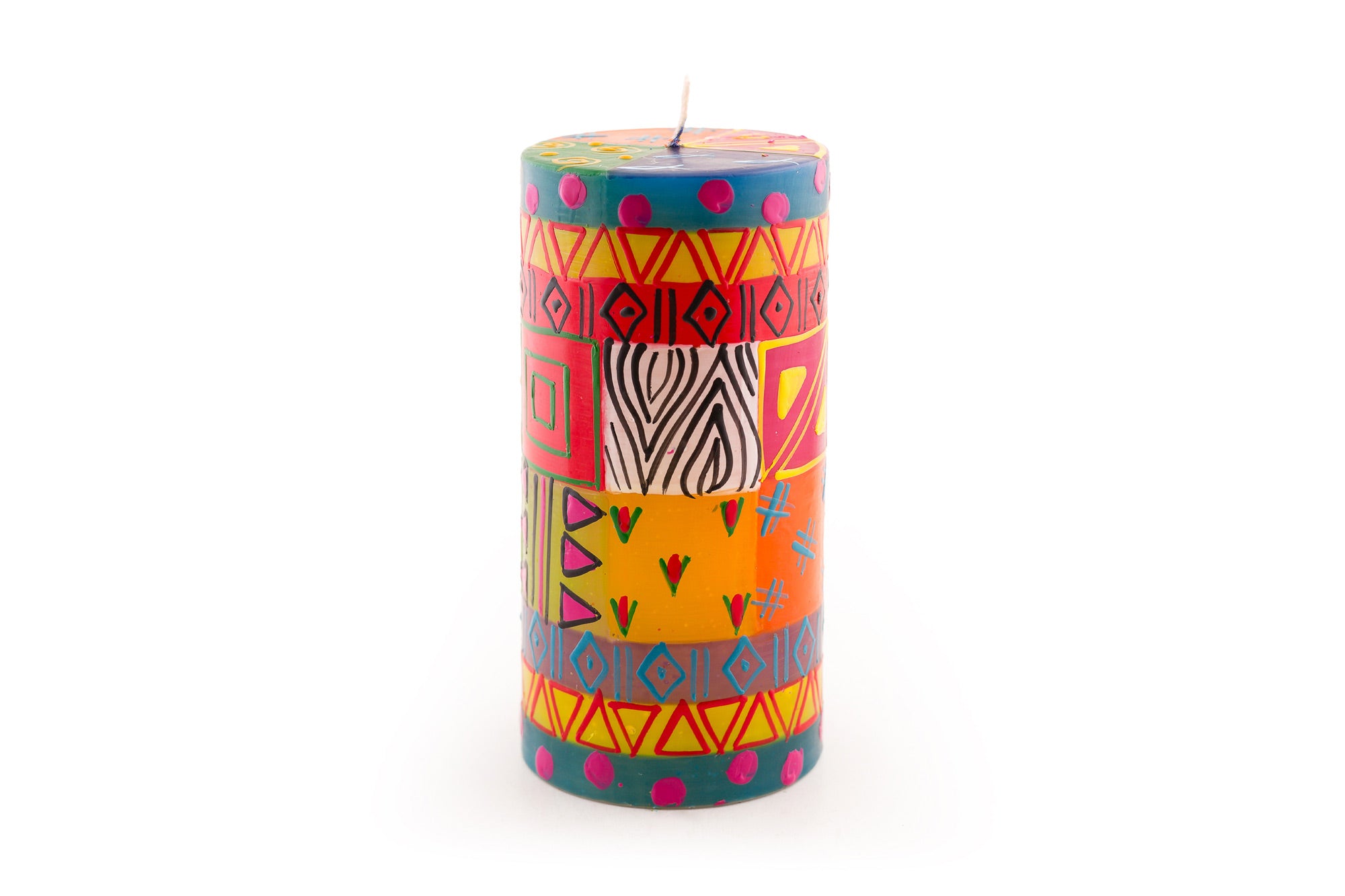 Multicolor Ethnic 3x6" pillar candle. Bright, colorful, sunshine and fun designs that sing out Africa!