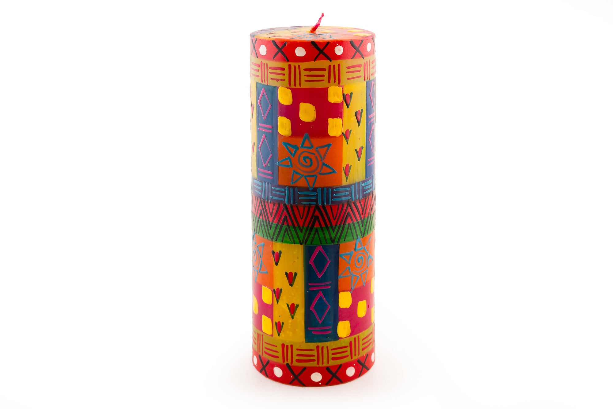 Multicolor Ethnic 3x8" pillar candle. Bright, colorful, sunshine and fun designs that sing out Africa!