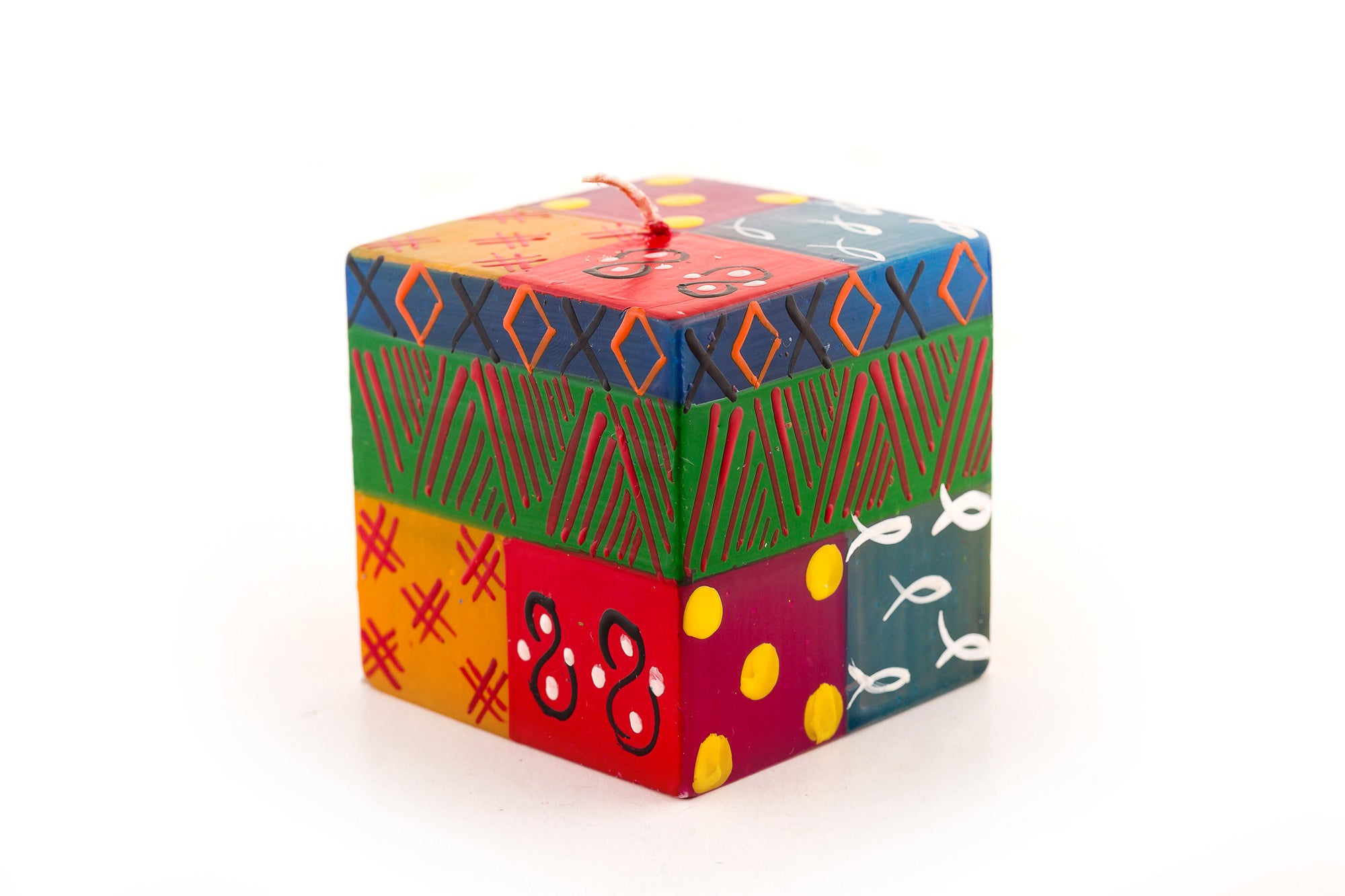 Multicolor Ethnic 3x3x3 cube candle. Bright, colorful, sunshine and fun designs that sing out Africa!