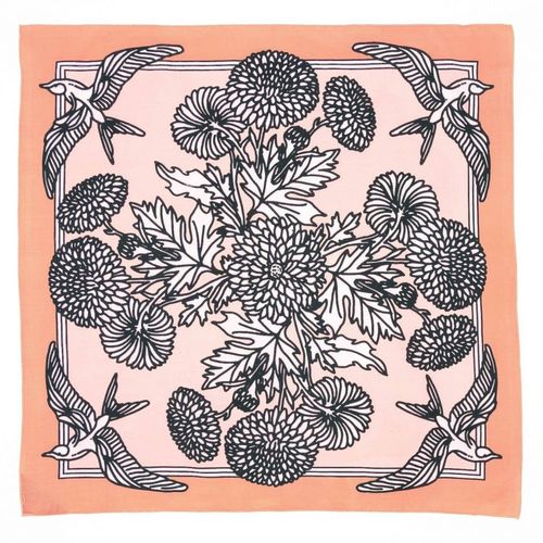 100% cotton bandana with a peach and light pink background, and black outlined design.  4 birds -  one in each corner, flowers in the middle.