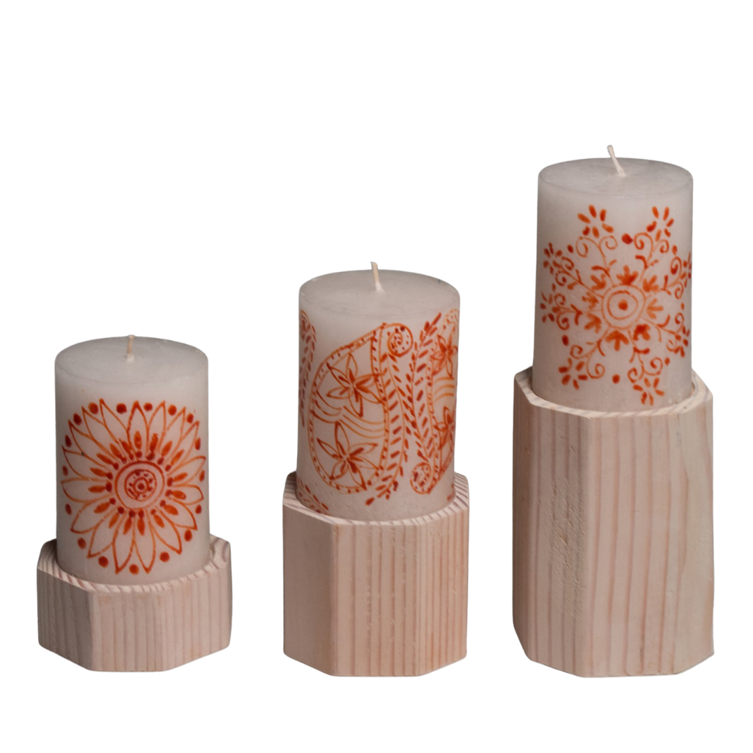 Artisan pillar candle & taper candle holders in white wash reclaimed wood. Fair Trade Gifts.