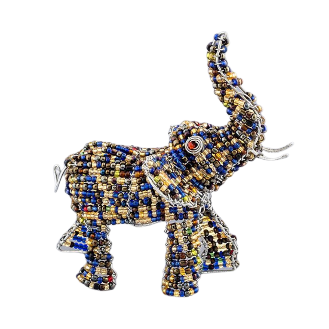 Close up picture of the beaded elephant in blue and gold beads.  A sweet curled tail and trunk up for good luck! Fair Trade products.