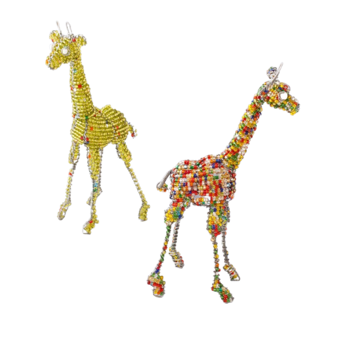 Hand made beaded African Giraffes, one in yellow beads and one in multicolor beads.  Fair Trade products.