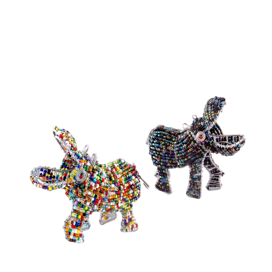 Happy hippos beaded African Animals; one multicolor and one in dark blue beads.  Fair trade products.