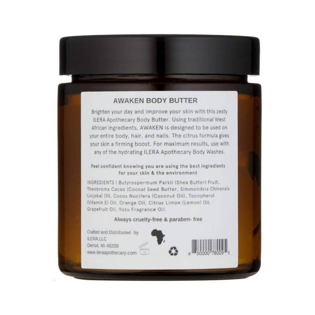 The back of the ILERA Awaken Body Butter jar with explanation of the product.
