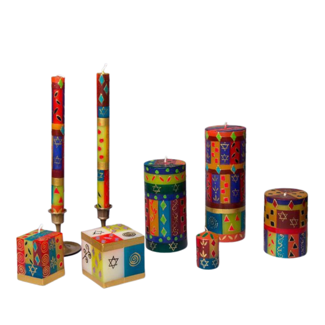Judaica hand made & hand painted candle collection.  Colorful designs with touches of gold and Star of David.  Cube candles, taper candles, pillar candles and votive candles. Fair Trade.