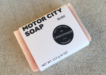 Motor City soap bar with paper wrap that says Motor City Soap and the soap name CandyMaker. - Peppermint