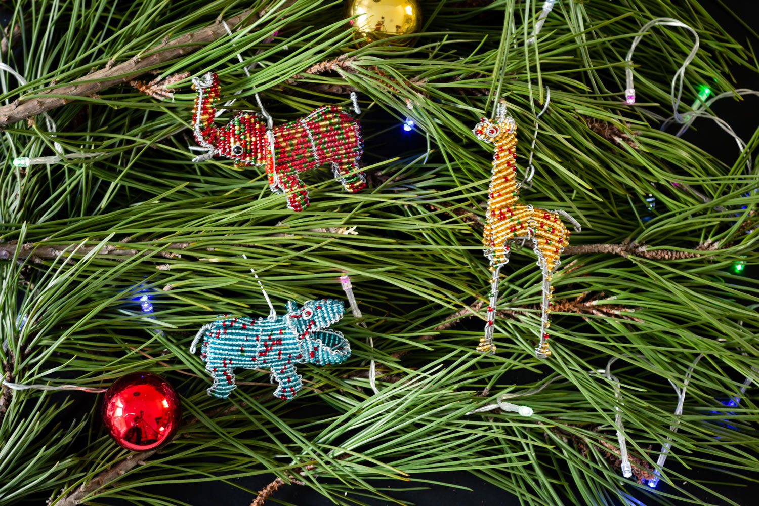 Whimsy set of Christmas - 3 hand made beaded African Animals, hippo, elephant, and giraffe