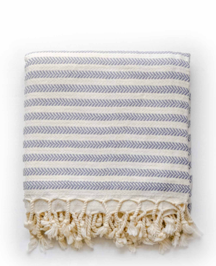 Grey & White striped Turkish Towel with white tassels. Fair Trade Products