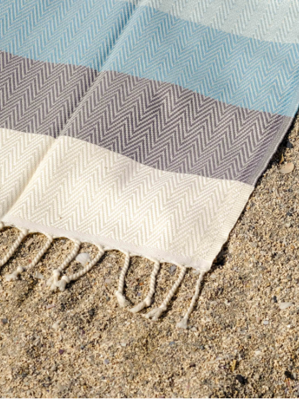 Turquoise, grey and cream striped Turkish towel on the beach.  Cream fringe. 