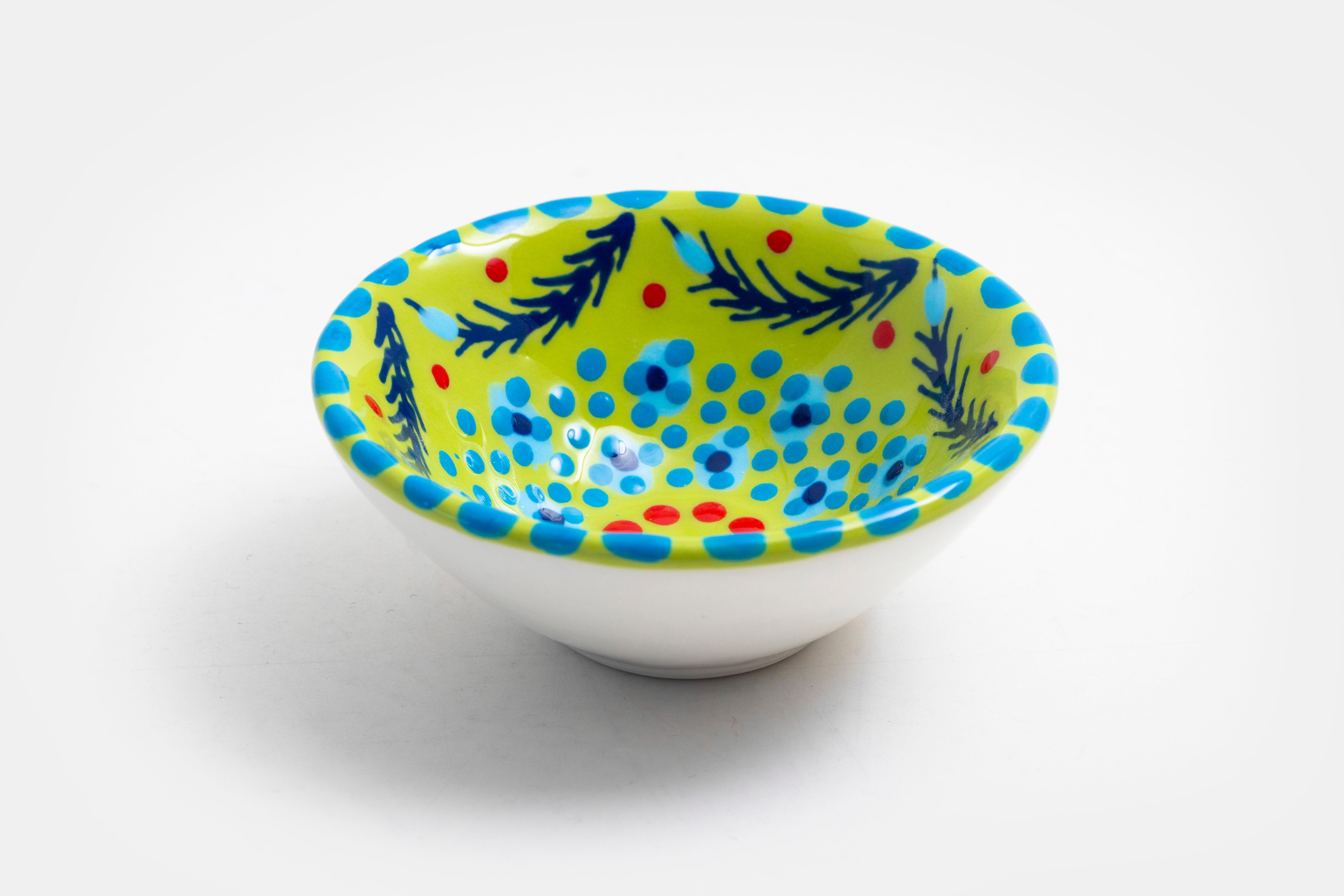ny ceramic bowl, Lime green background with mixed patterns of dots & stripes in different sizes and colors. Microwave & Dishwasher safe.