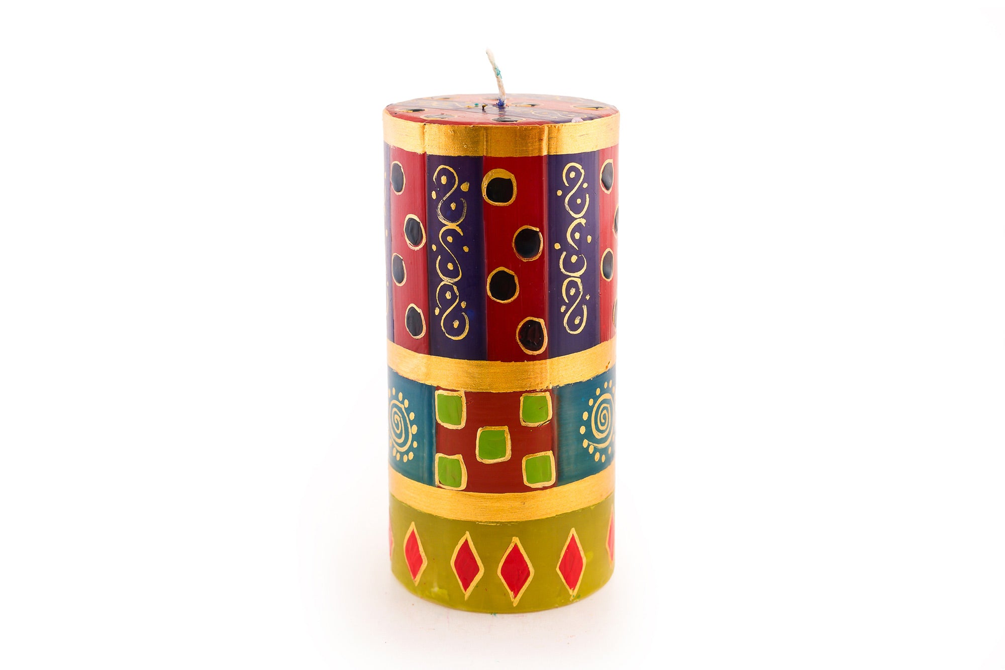 African Mineral 3x6 pillar candle. African designs in wonderful rich colors of turquoise, red, blues, purple, and gold.