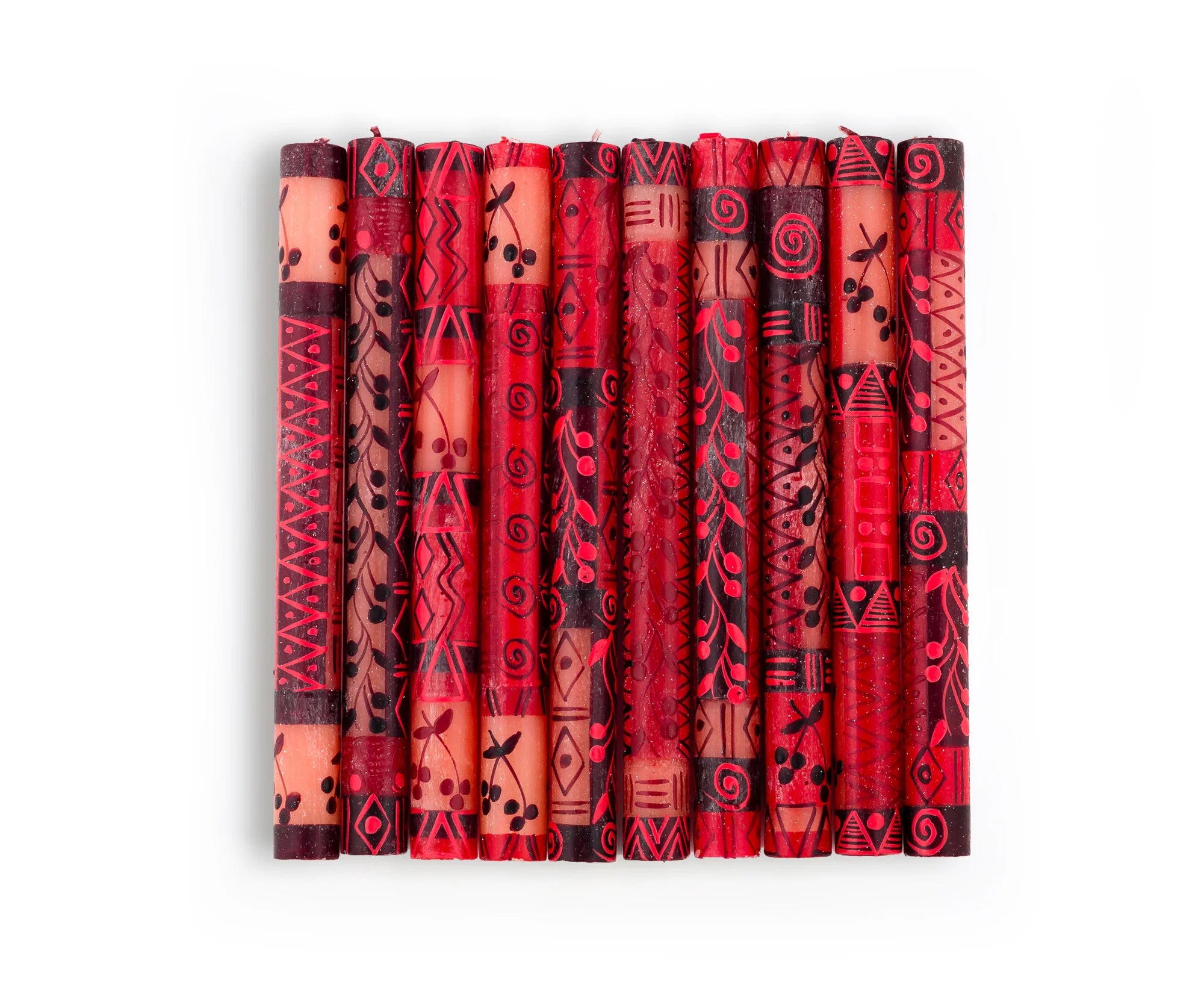 10 Berry Blaze tapers showing the 10 different designs in this RED collection! Bright red with darker berry design mixed with geometric design.
