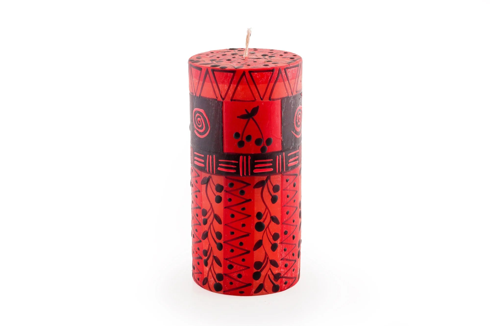 3" x 6" Berry Blaze pillar candle. Bright red with darker berry design mixed with geometric design.