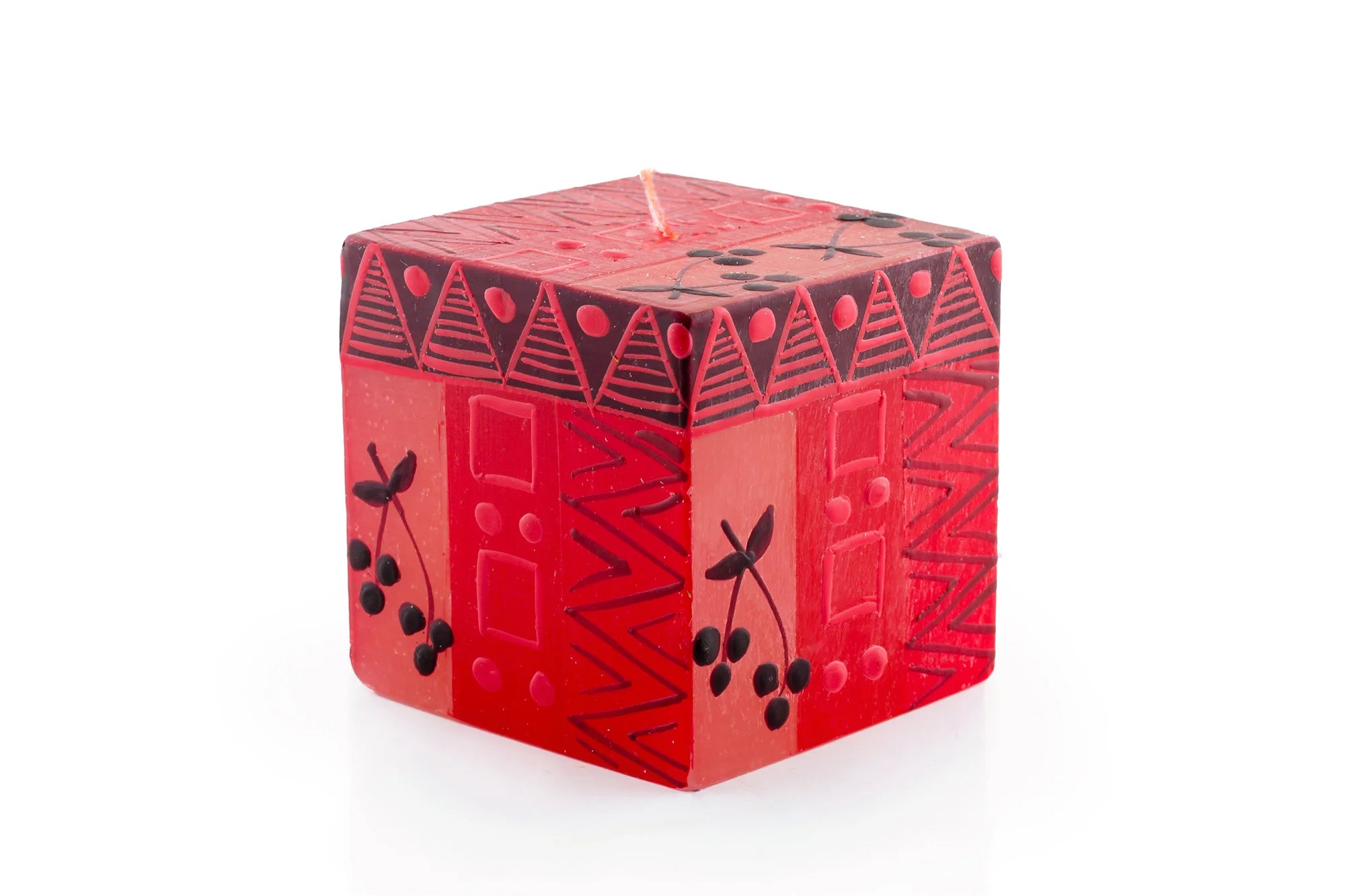 3" x 3" x 3" Berry Blaze cube candle. Bright red with darker berry design mixed with geometric design.