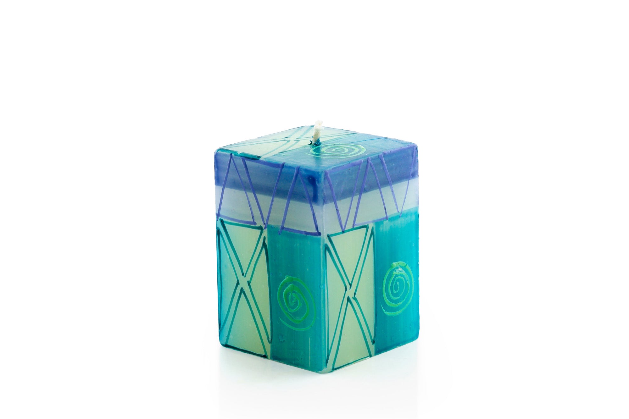 Blue & Green 2x2x3" cube candle. Indigo blue, turquoise, greens and touch of purple in various circle and triangle designs.