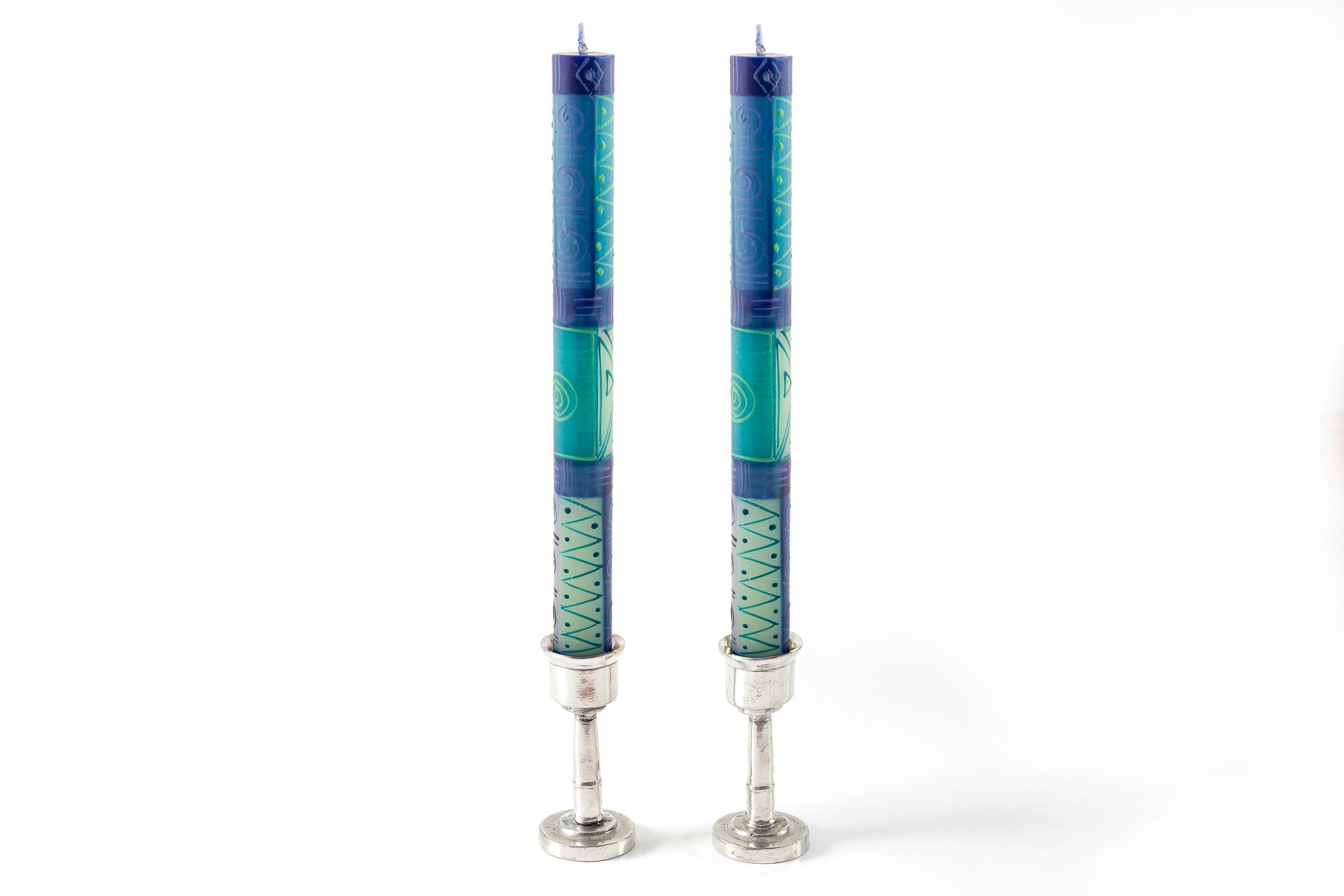 Matched pair of Blue & Green tapers in pewter taper candle holders