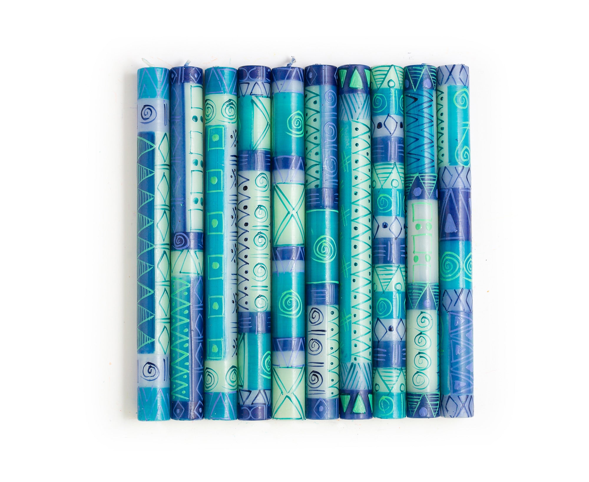 10 Blue & Green tapers showing the 10 designs of the collection