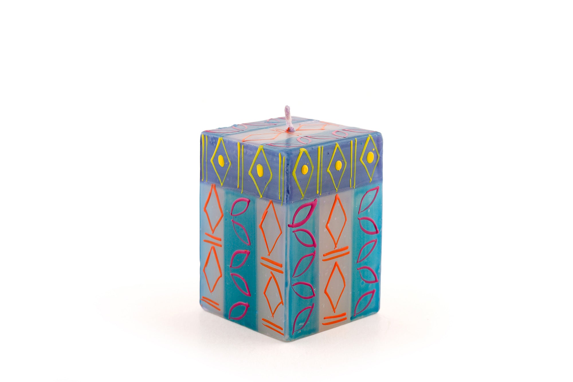 Blue Moon 2x2x3 cube. Turquoise and Blue with designs in orange, fuchsia and yellow.