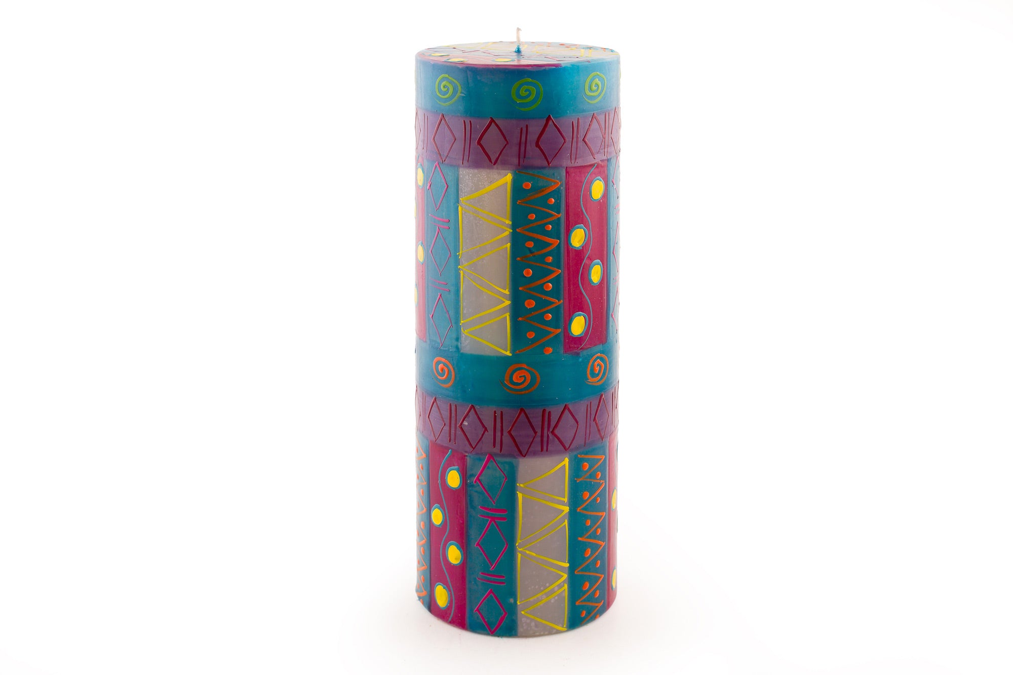 Blue Moon 3x8 pillar candle. Turquoise, fuchsia, and purple main colors with touches of yellow & orange.