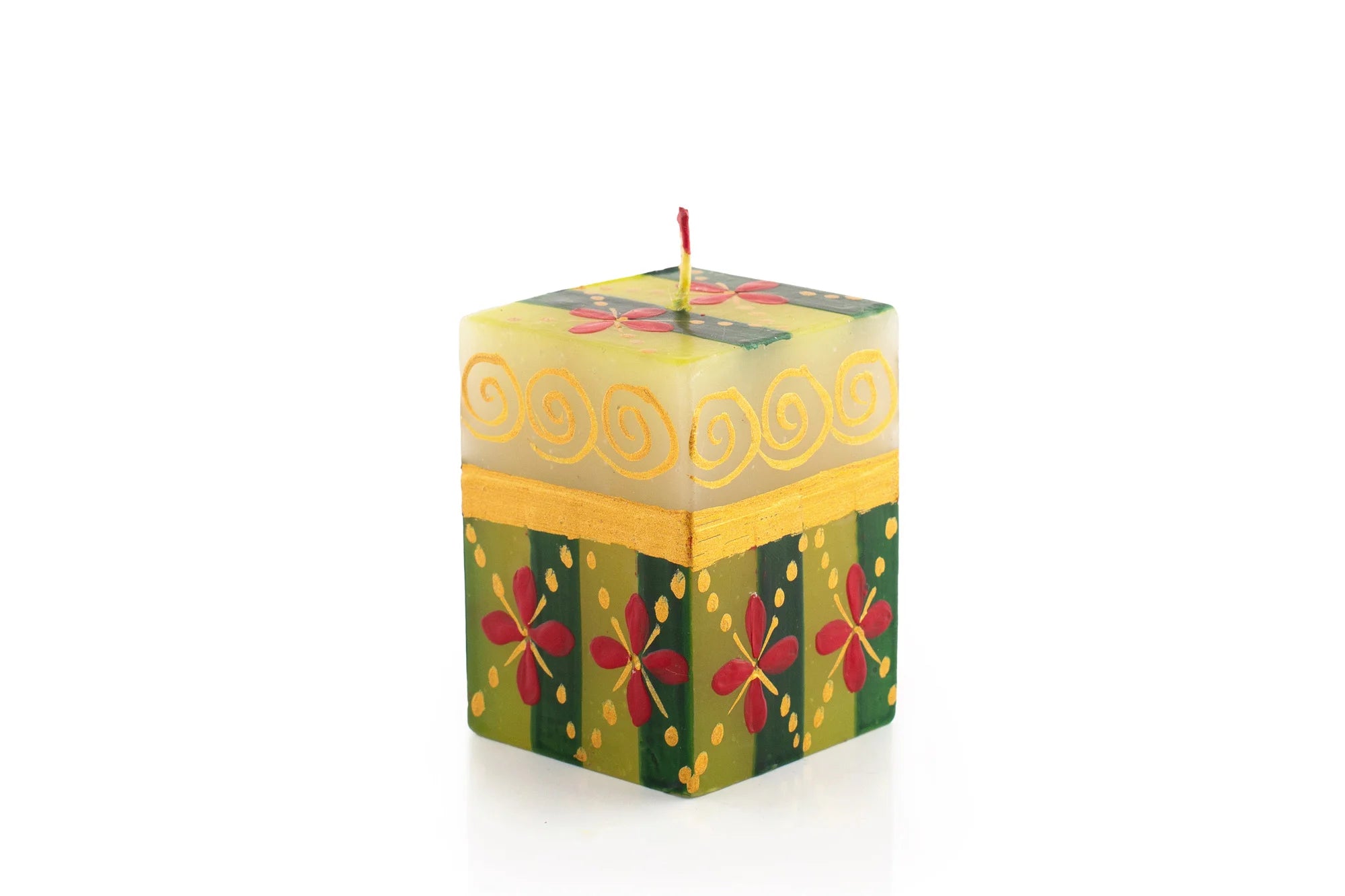 2" x 2" x 3" Christmas cube in various traditional Christmas patterns in red, dark green, light green and gold. This cube is painted with red Christmas flower on a lacy green & gold background.