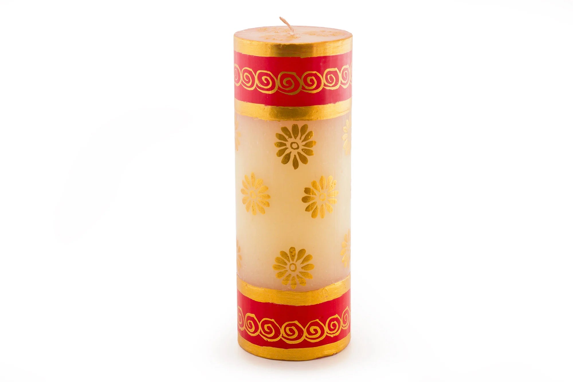 3" x 8" Christmas pillar in various traditional Christmas patterns in red, dark green, light green and gold. This pillar is painted with gold flowers and a red boarder at the top & bottom.