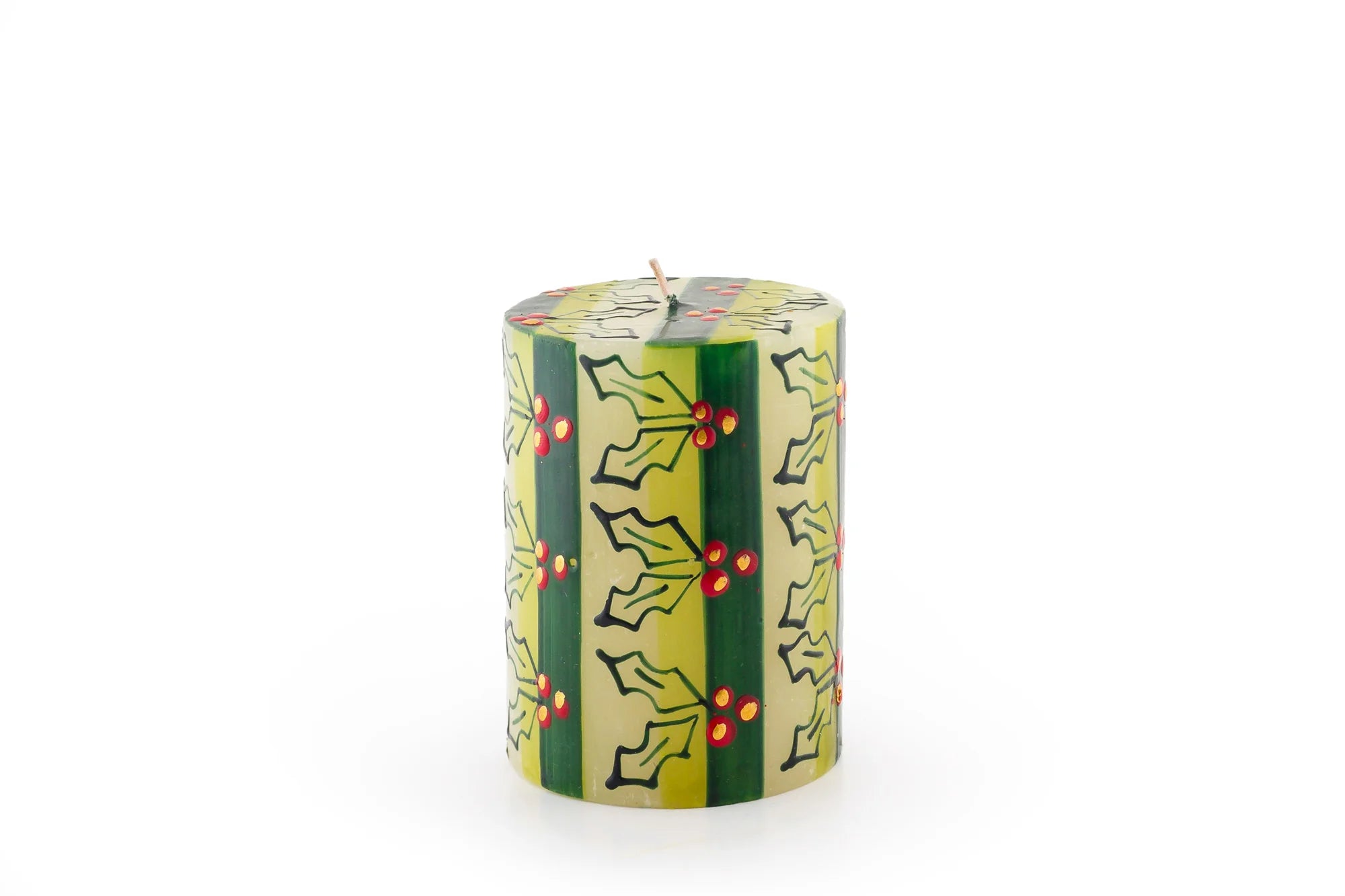 3" x 4" Christmas pillar in various traditional Christmas patterns in red, dark green, light green and gold. This pillar is painted with holly leaves.