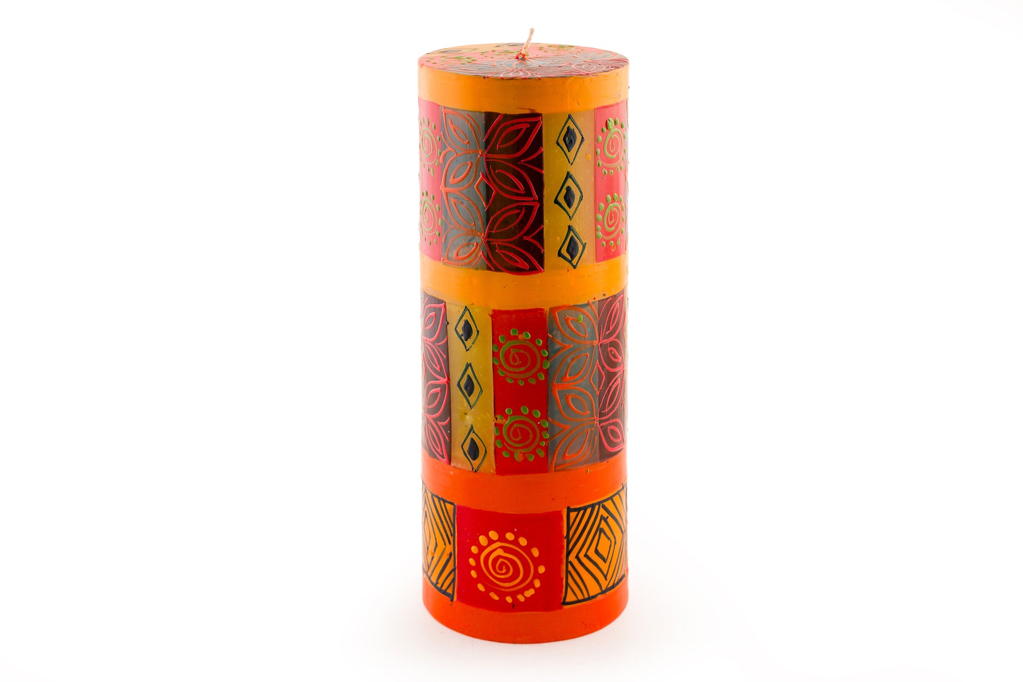 Desert Rose 3x8 pillar candle. Beautiful colors of the African desert; golden yellow, turquoise blue, browns, orange painted in blocks of color with abstract patterns on top.