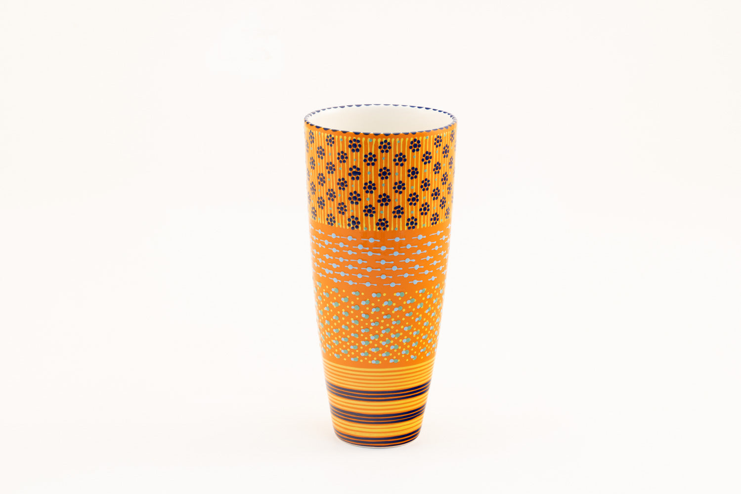 Classic vases with background color of orange. Dots, stripe and flowers make the colorful designs on the background colors. 12" tall x 6" wide.