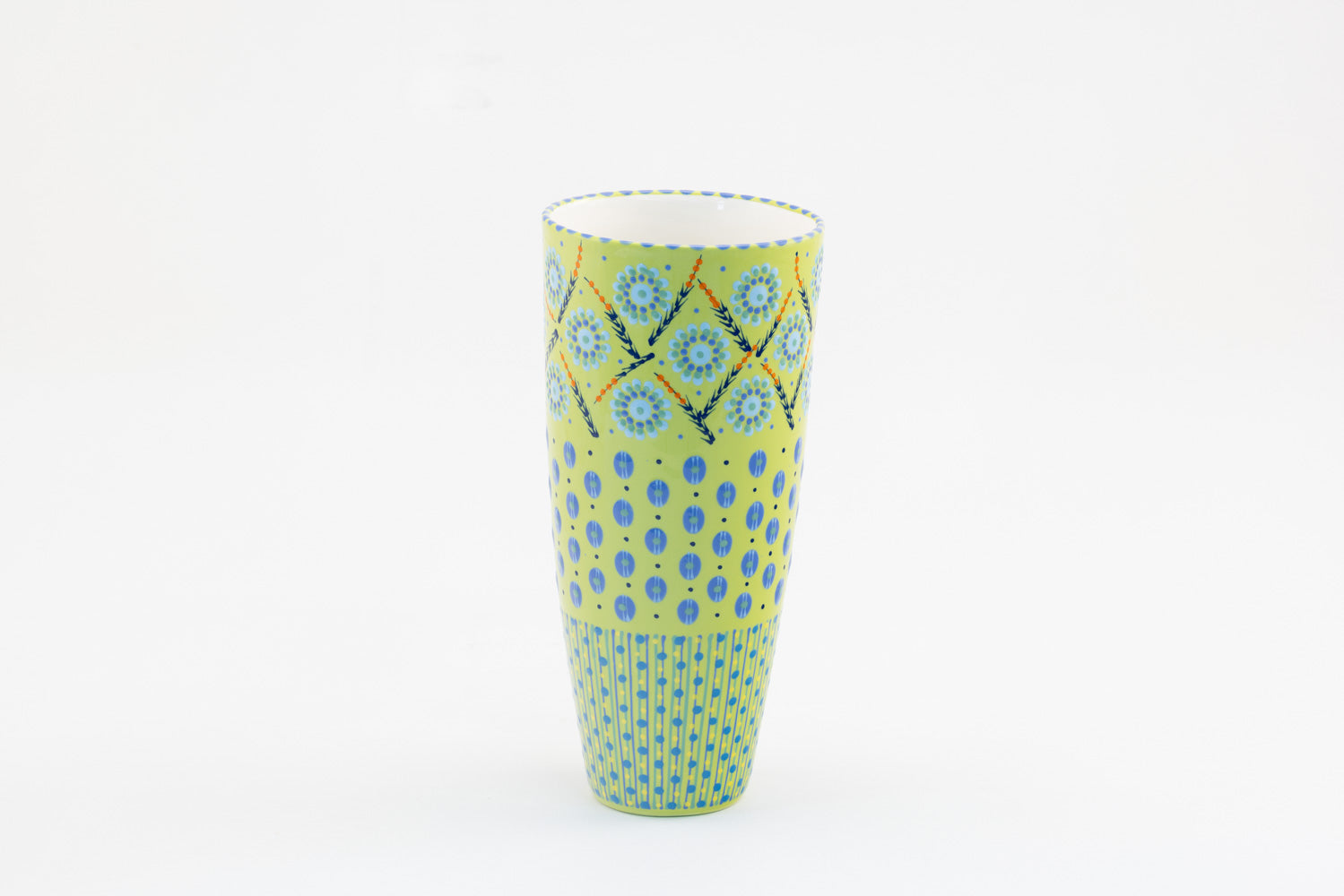 Classic vases with background color of Lime Green. Dots, stripe and flowers make the colorful designs on the background colors. 12" tall x 6" wide.