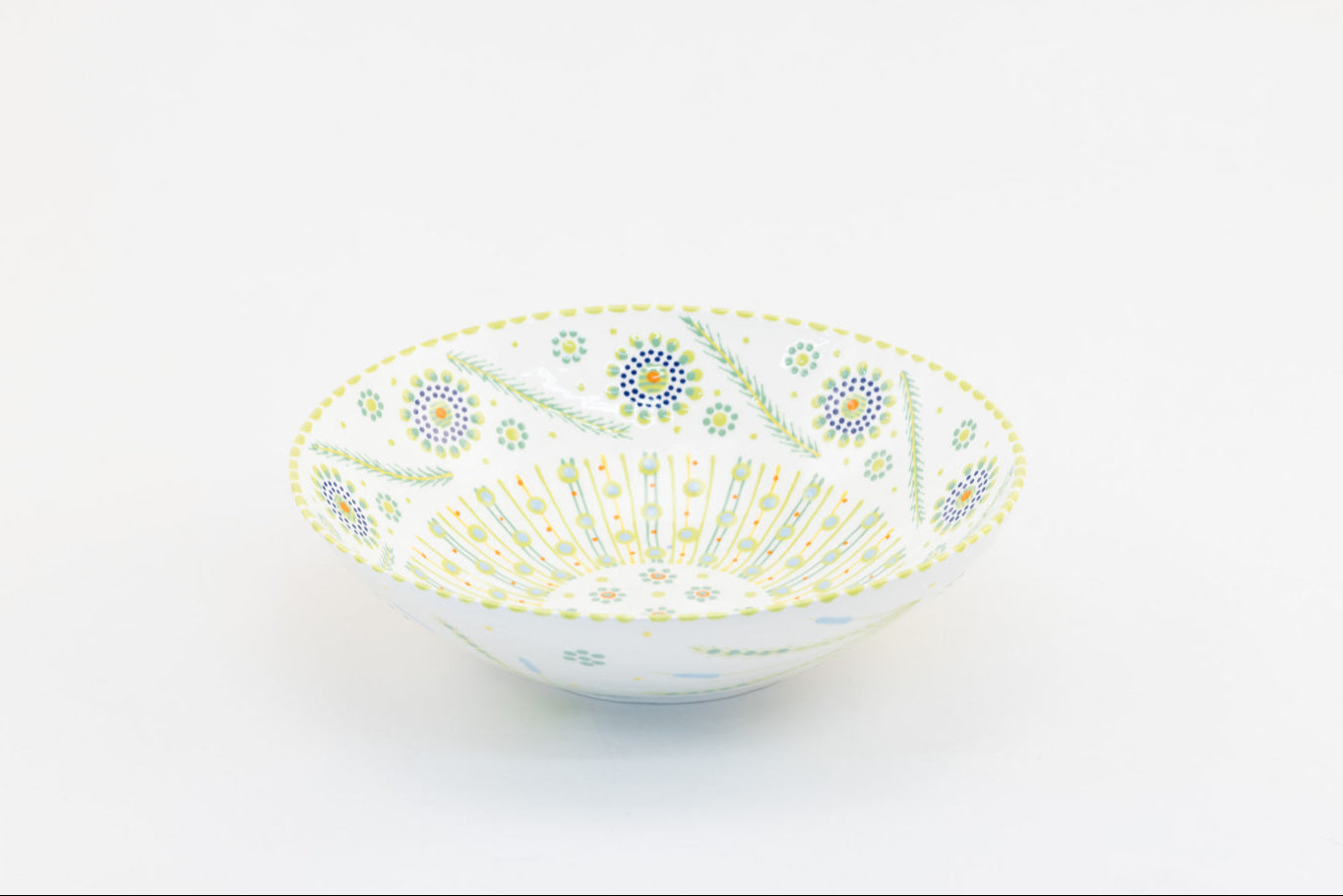 White large round ceramic serving bowl. 11"x 3".  White background, painted with yellow, green, touches of red, and baby blue.  Microwave & Dishwasher safe.