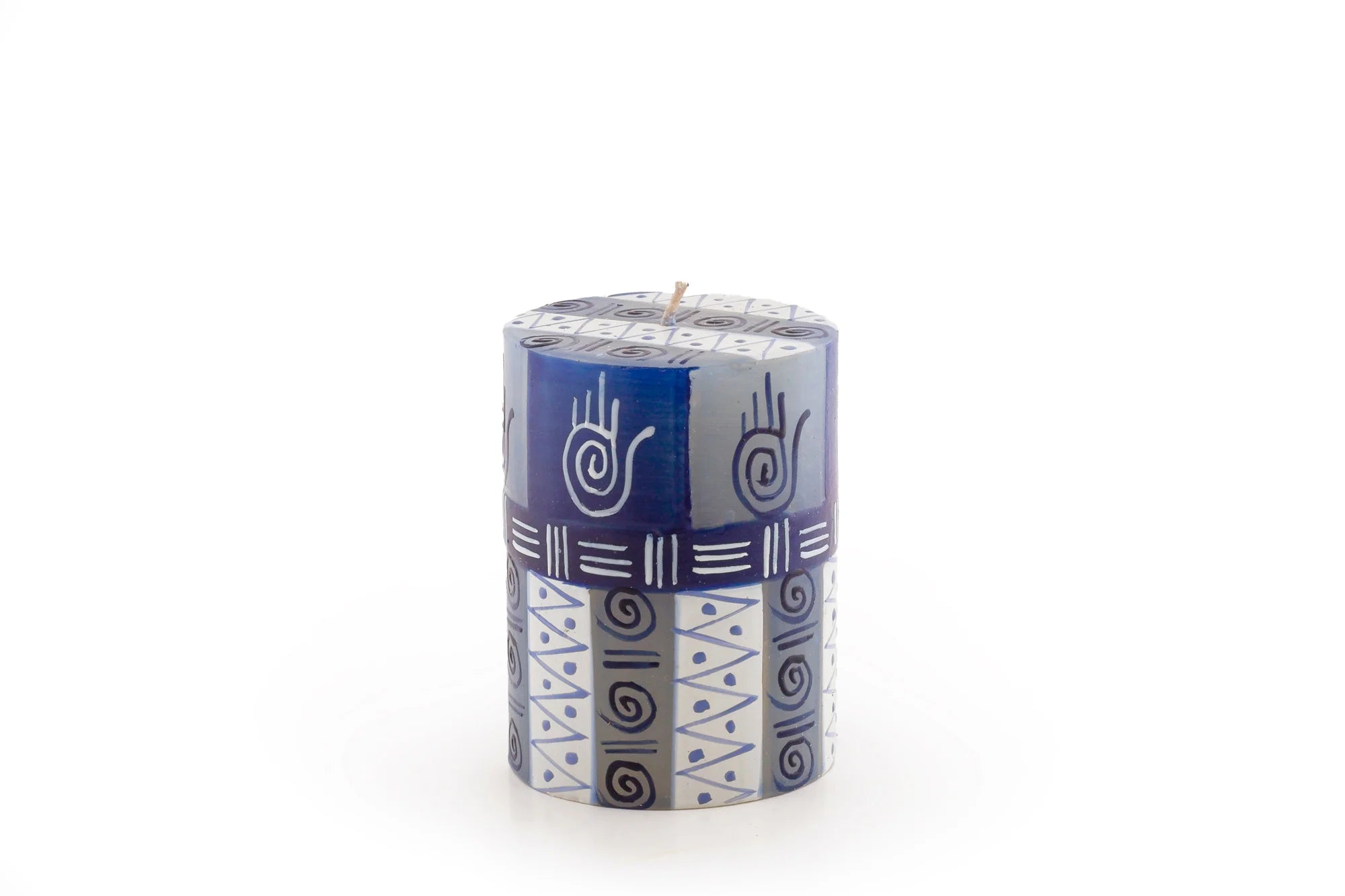 3" x 4" Hamsa pillar painted in Blue & White geometric designs with the Hamsa Hand included in the design.