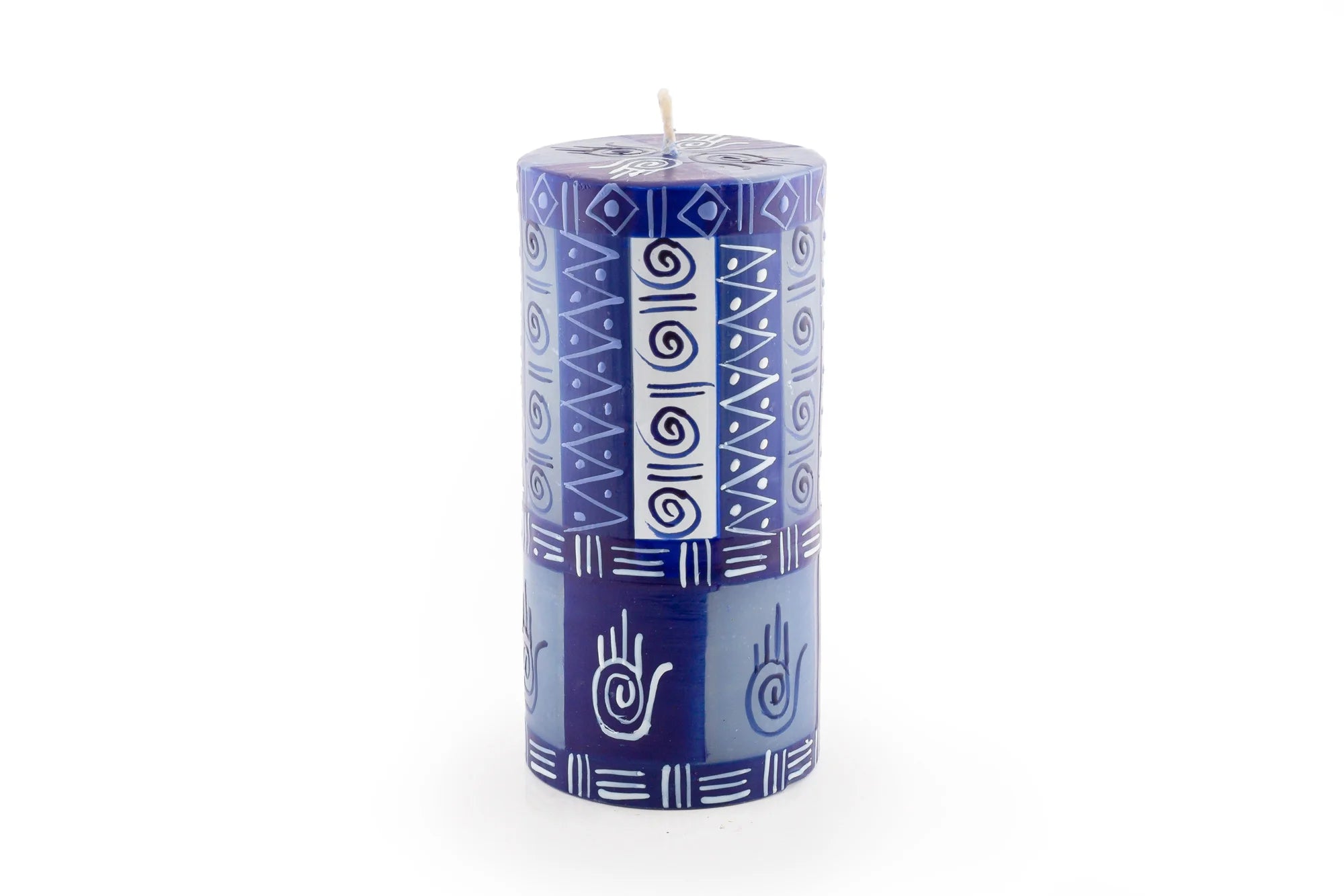 3" x 6" Hamsa pillar painted in blue & white geometric designs with the Hamsa Hand included in the design