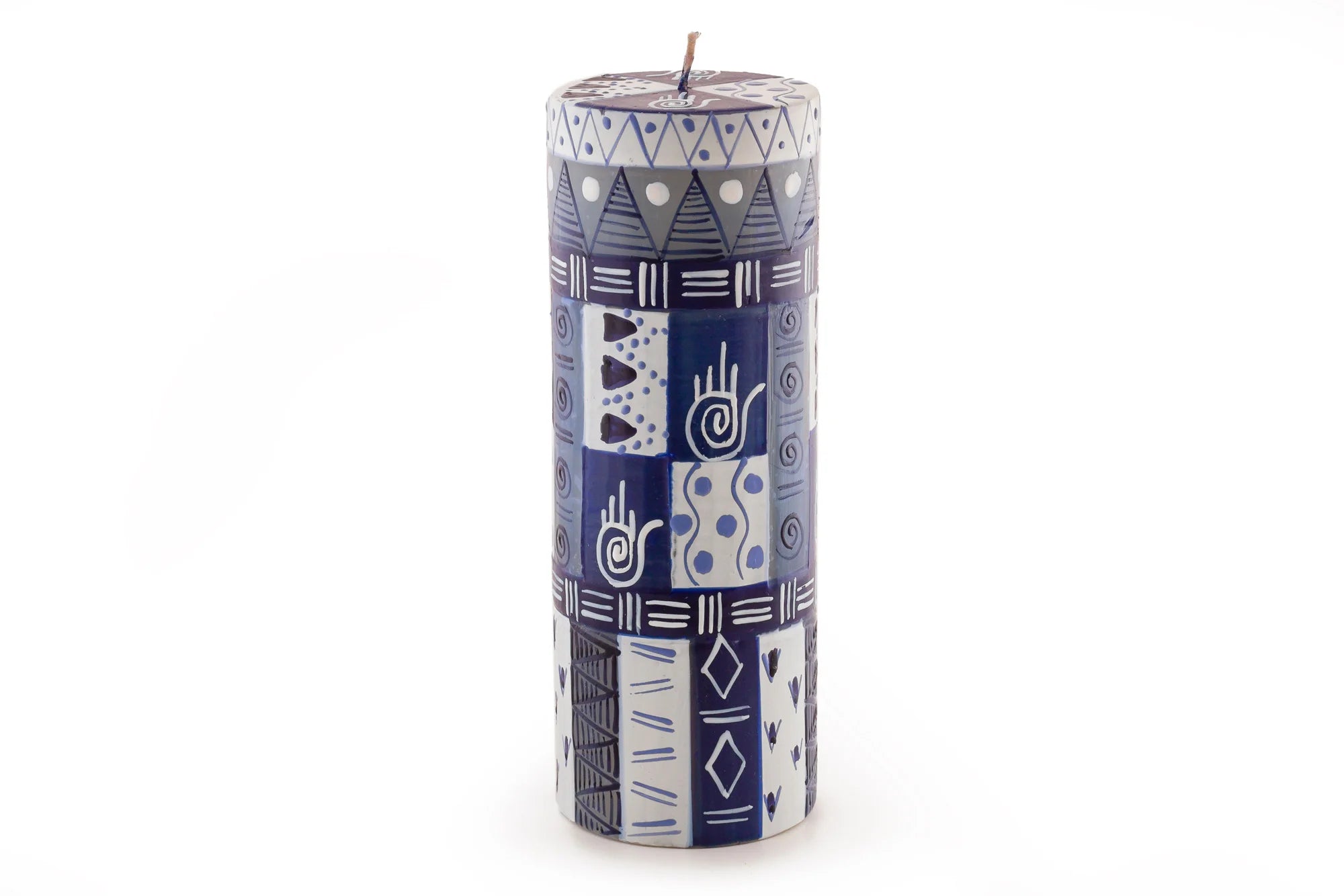 3" x 8" Hamsa pillar painted in blue & white geometric designs with the Hamsa Hand included in the design
