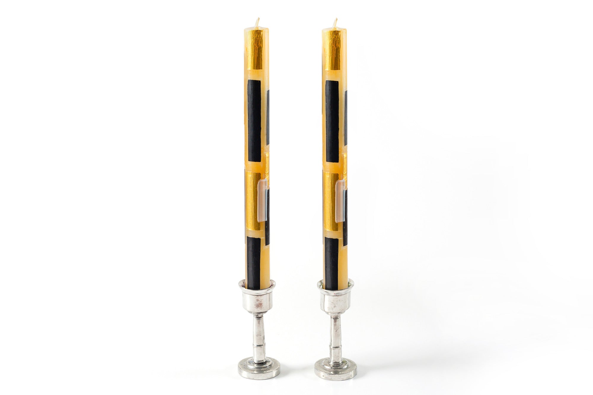 Klimt matched pair of taper candles in pewter taper holders.Beeswax color candles with touches of black, gold  and white make them a contemporary choice