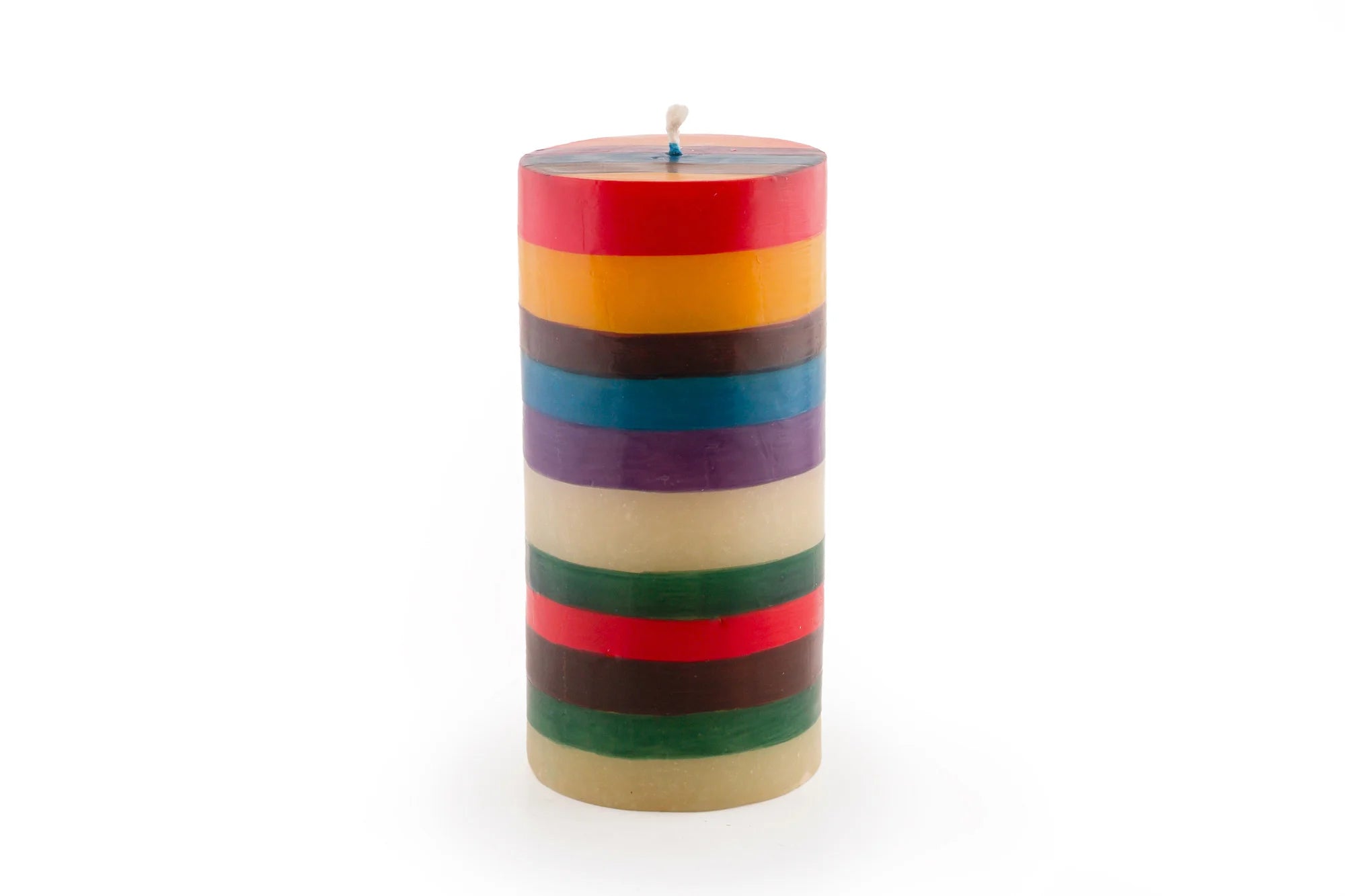 3" x 6" Memphis Stripe pillar candle. Handmade and hand painted with stripes of assorted colors, turquoise, golden yellow, burnt orange, purple, dark green, brown & beige.