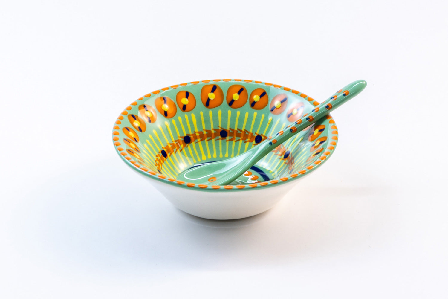 Jasper green mini nut bowl with matching small spoon in Jasper green. Dots & Stripes on top of base color in orange, yellow, & indigo blue. Perfect pair!