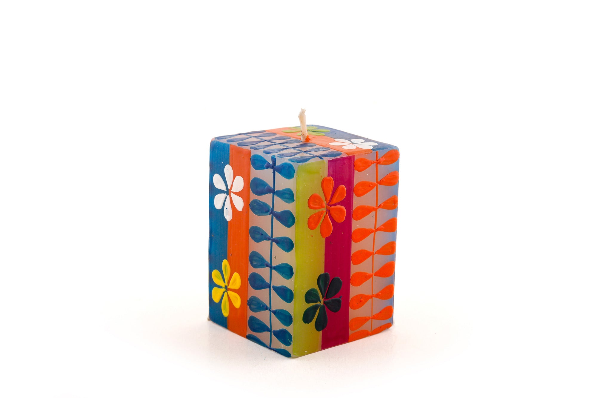 2x2x3 Summer cube candle. Flowers, dots and petal chain designs in summer colors.