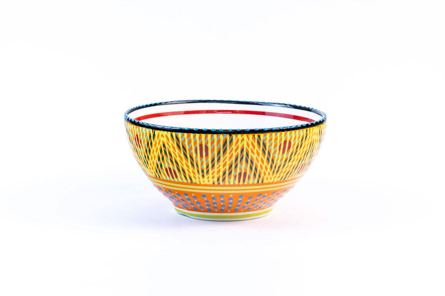 Ceramic serving bowl with base color of Orang. Dots & Stripes painted on top in fun colors of yellow, turquoise, blue, green  & red. White inside the bowl.