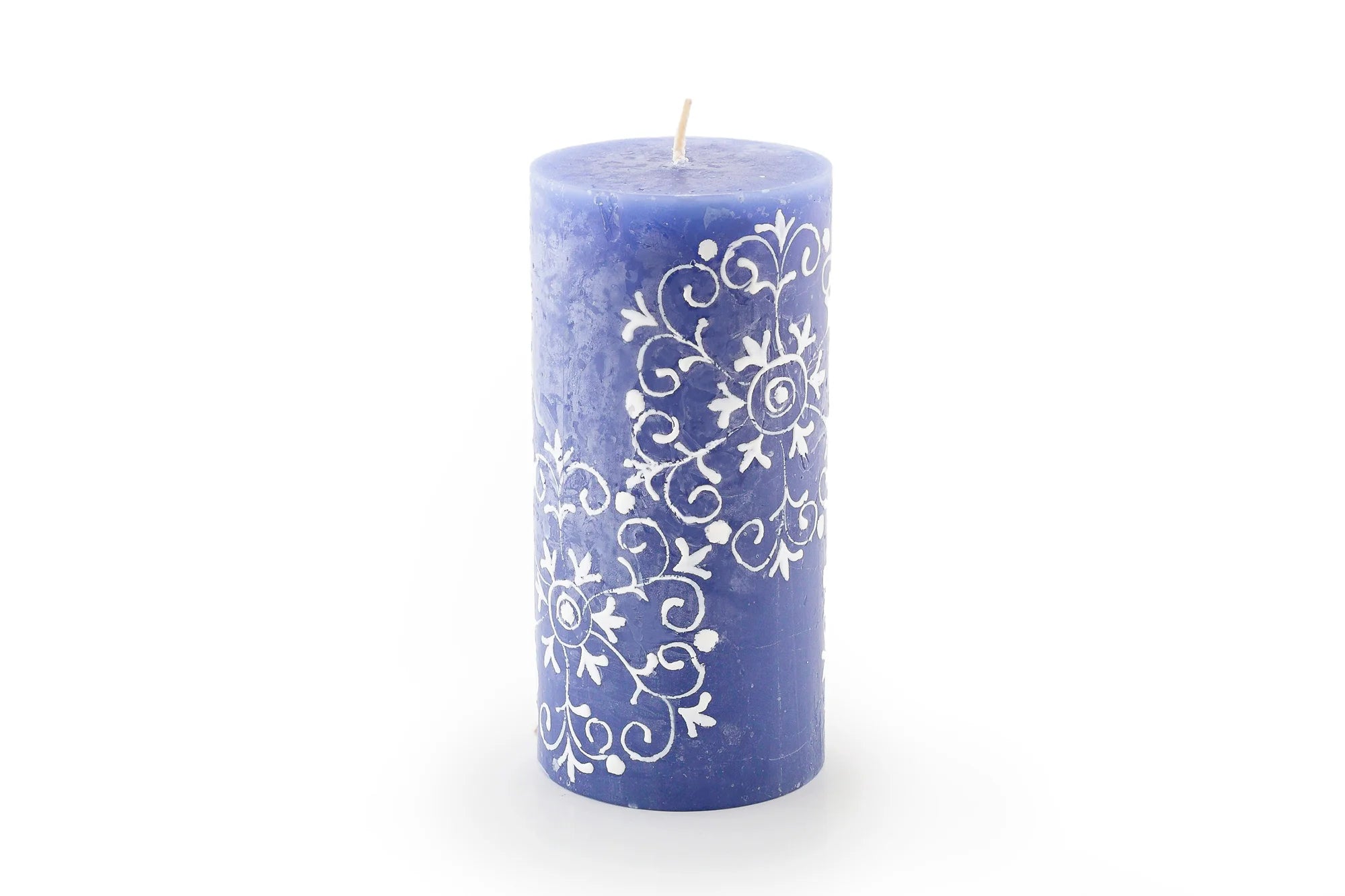 Henna white on blue 3" x 6" pillar.  Henna designs painted in white on blue candles.  