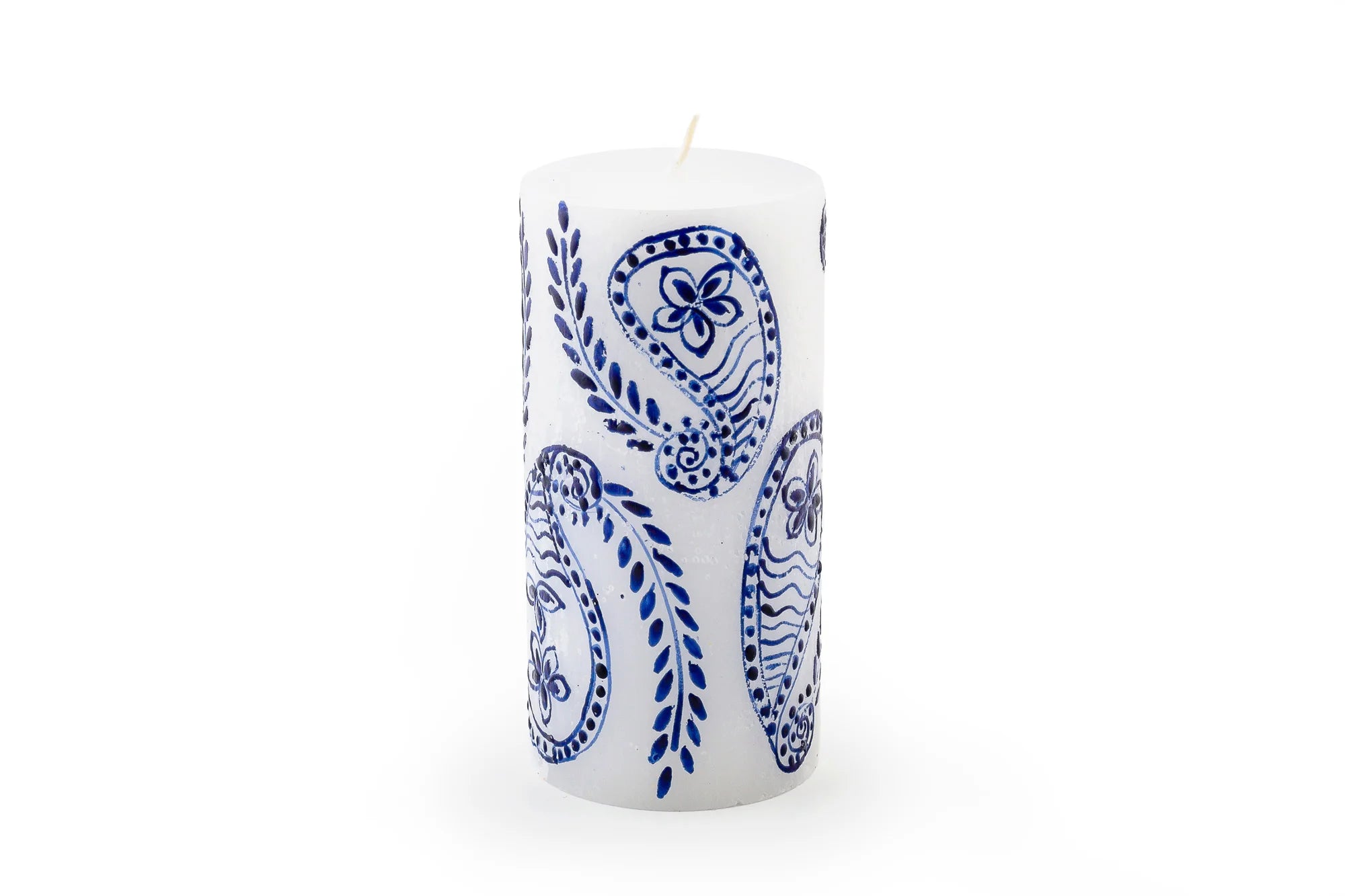 Henna Blue on White 3" x 6" pillar.  The blue henna design is painted on white candles.