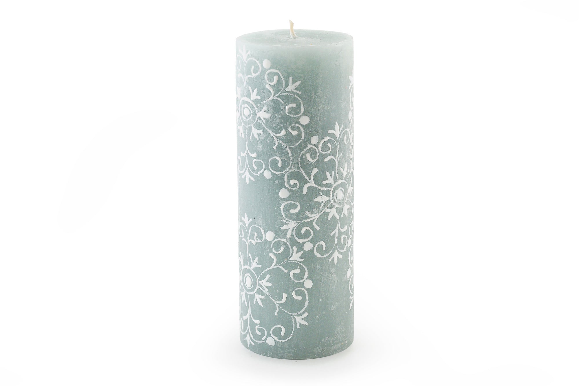 Henna Duck Egg 3" x 8" pillar candle with a henna design painted in white on beautiful duck egg green candle.   