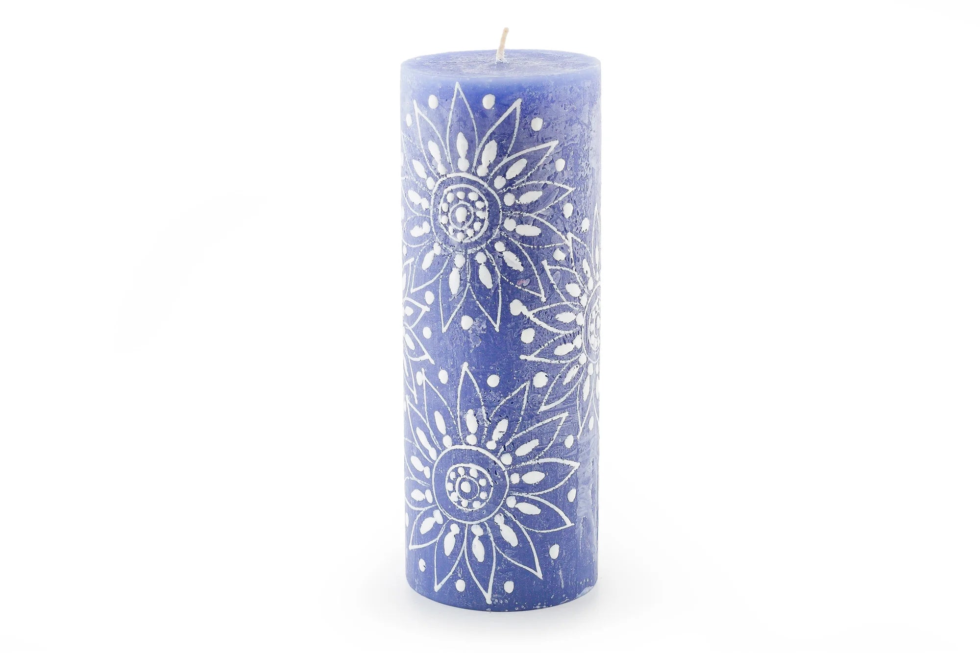 Henna white on blue 3" x 8" pillar.  Henna designs painted in white on blue candles.  