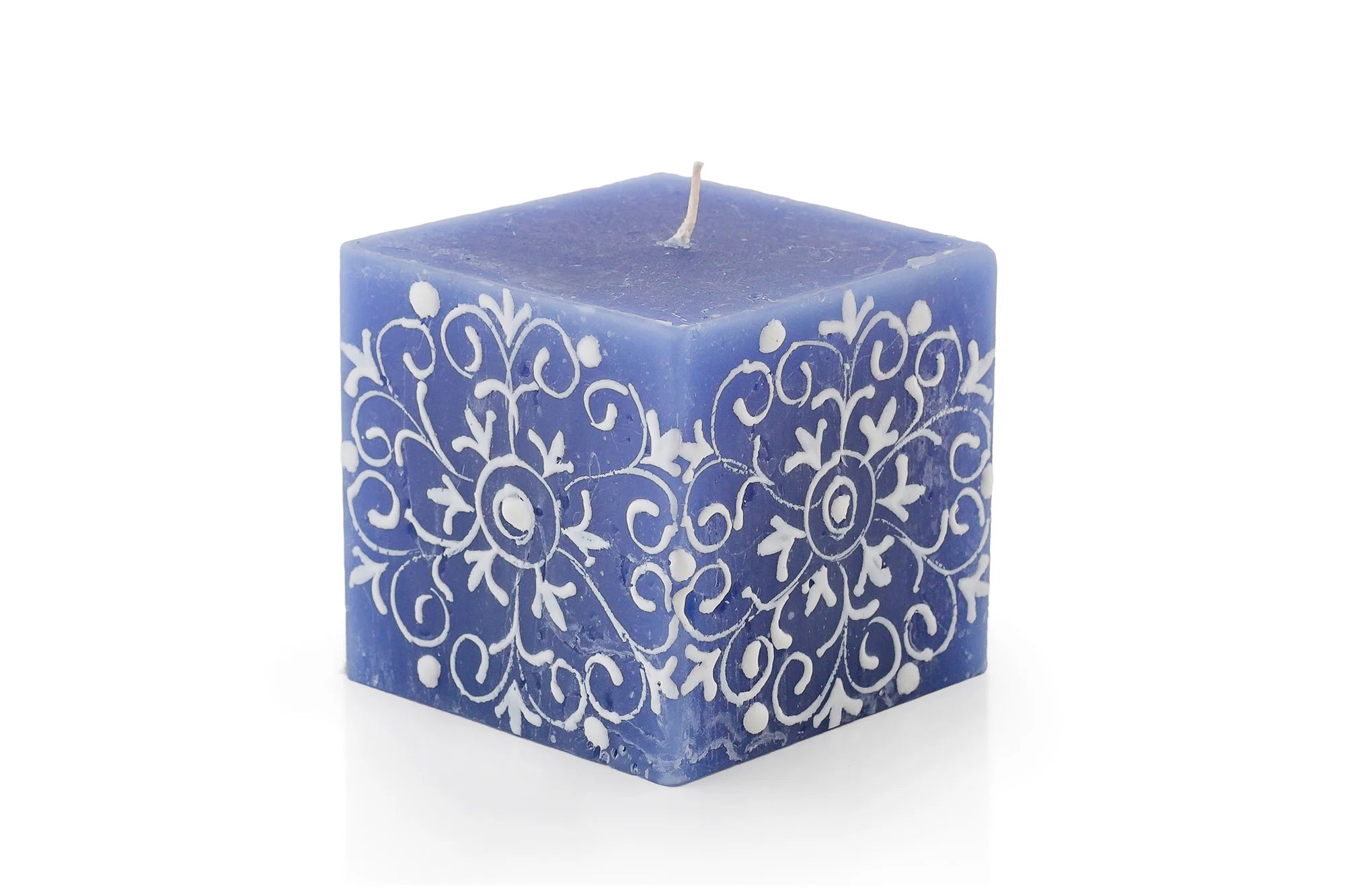 Henna white on blue 3" x 3" x 3" cube candle.   Henna designs painted in white on blue candles.