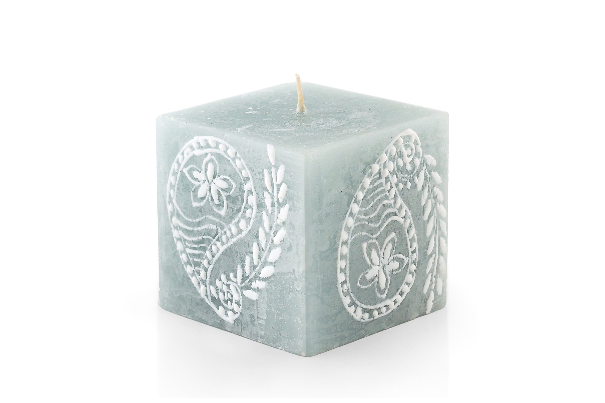 Henna Duck Egg 3" x 3" x 3" cube candle with a henna design painted in white on beautiful duck egg green candle.   