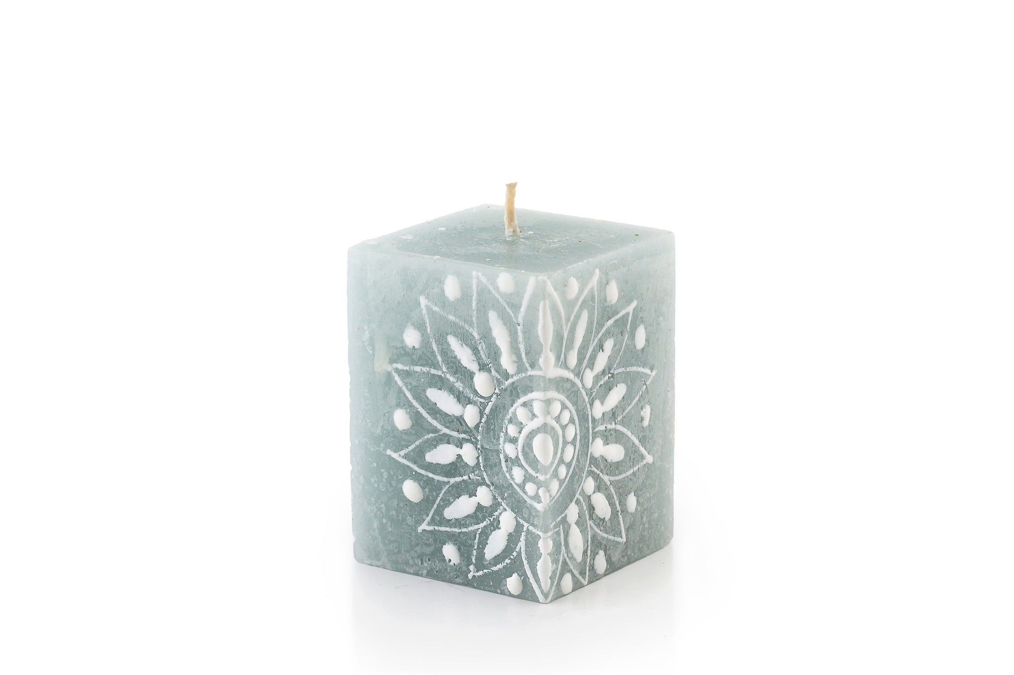 Henna Duck Egg 2" x 2" x 3" cube candle with a henna design painted in white on beautiful duck egg green candle.   