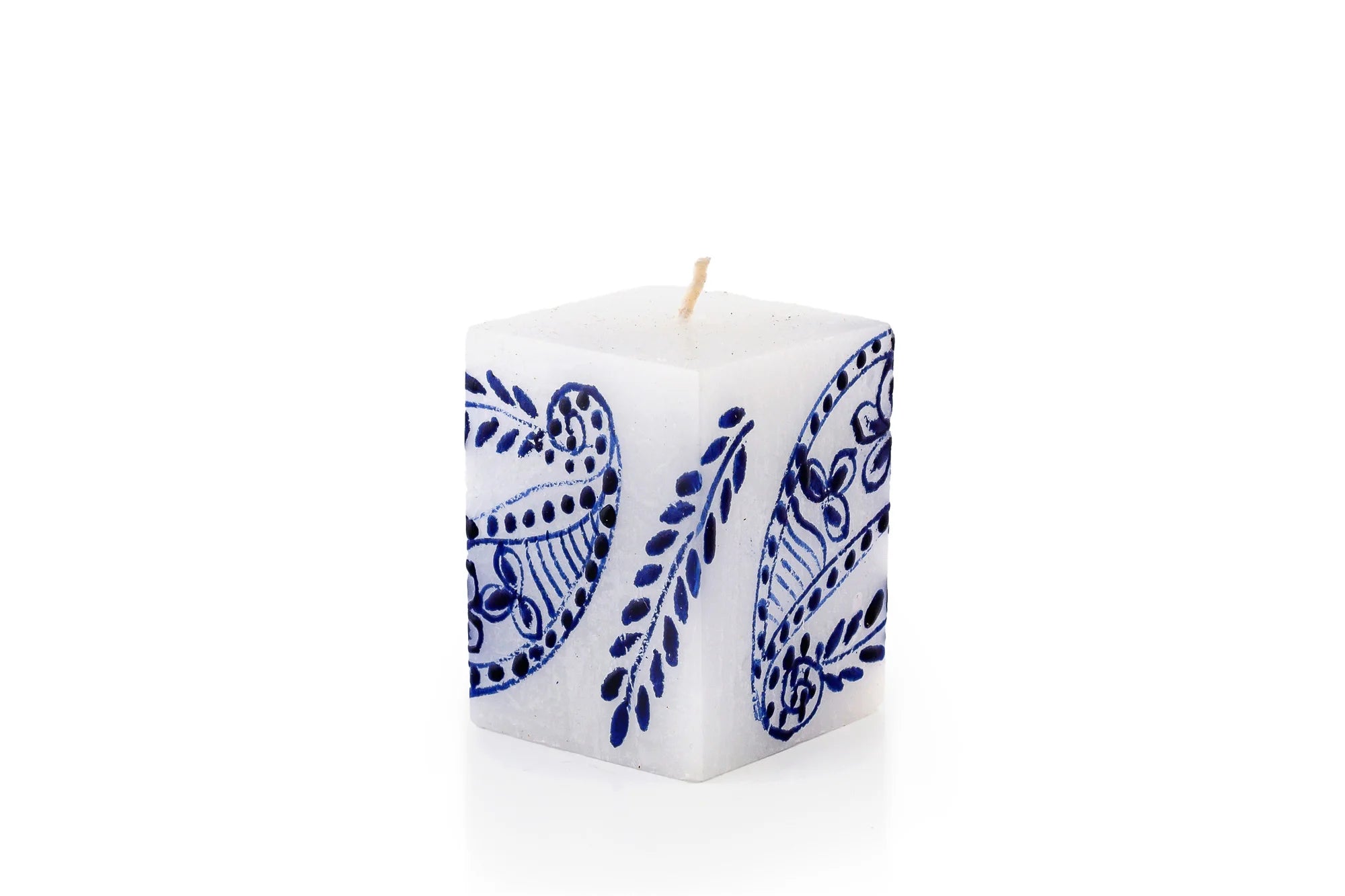 Henna Blue on White 2" x 2" x3" cube.  The blue henna design is painted on white candles.