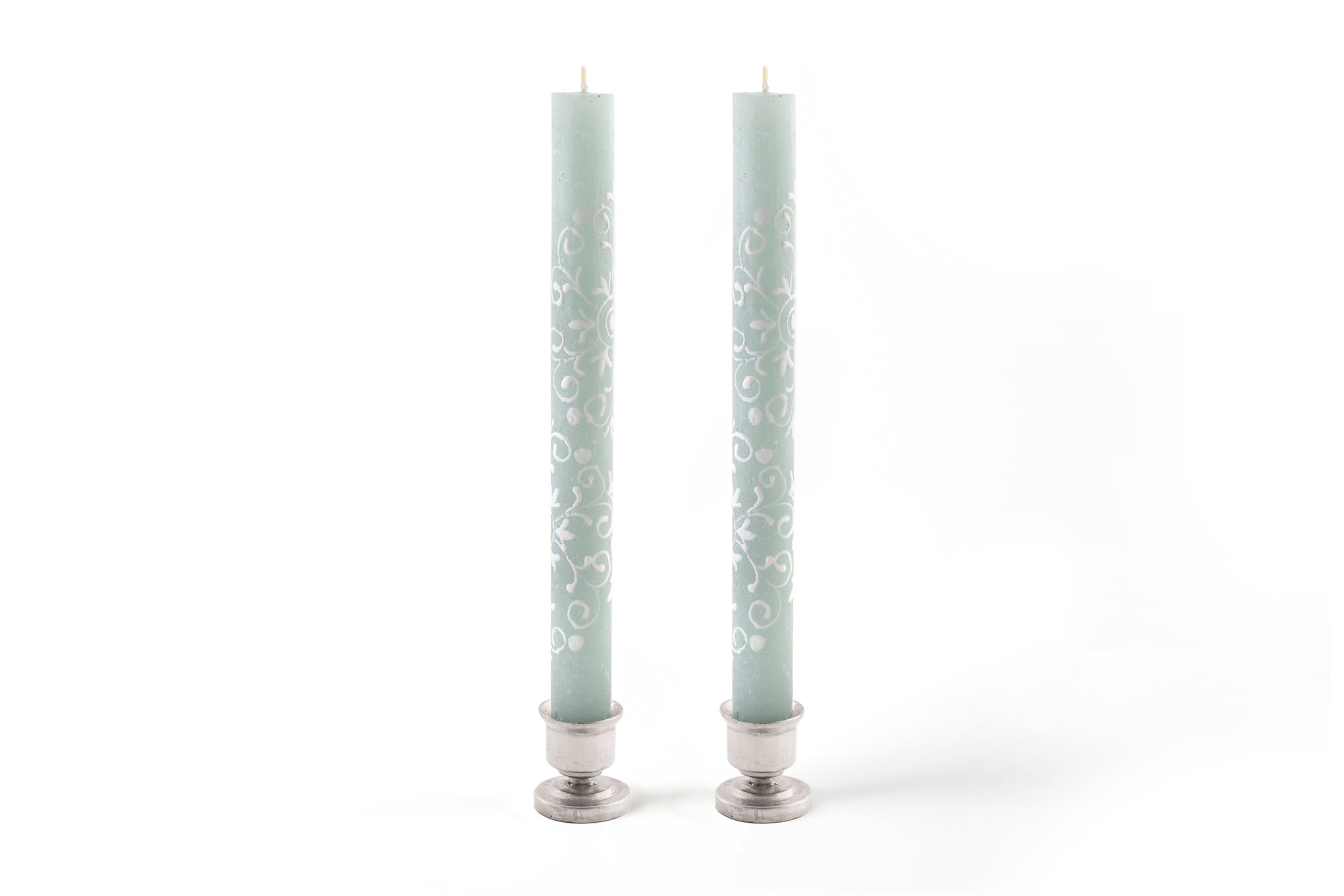 Henna Duck Egg 9" matched taper candles in small pewter taper holders.  Each has a henna designs painted in white on beautiful duck egg green candles.    Stunning Fair Trade home decor.