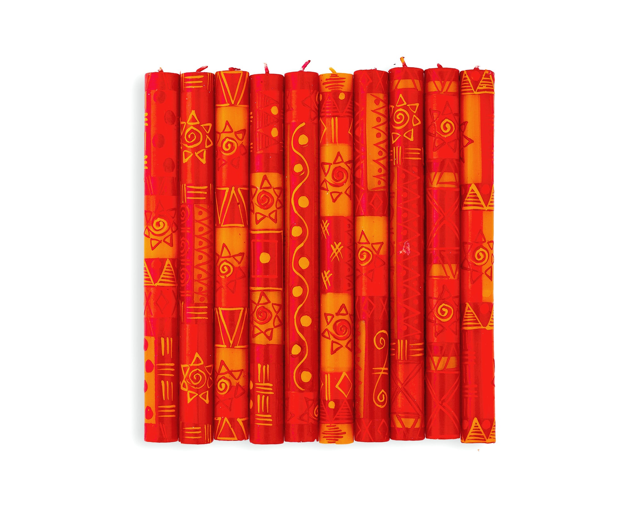 10 African Sunset 9" dinner tapers painted in the 10 designs of this collection.   Orange & yellow graphic suns and designs. Smokeless and unscented. Fair Trade.